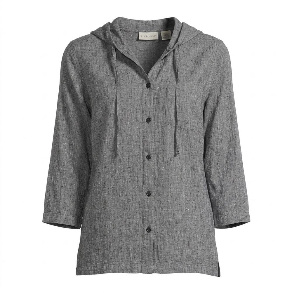 Kim Rogers Linen Blend Gray Hooded 3/4 Sleeve Button-Up Shirt Women Size M